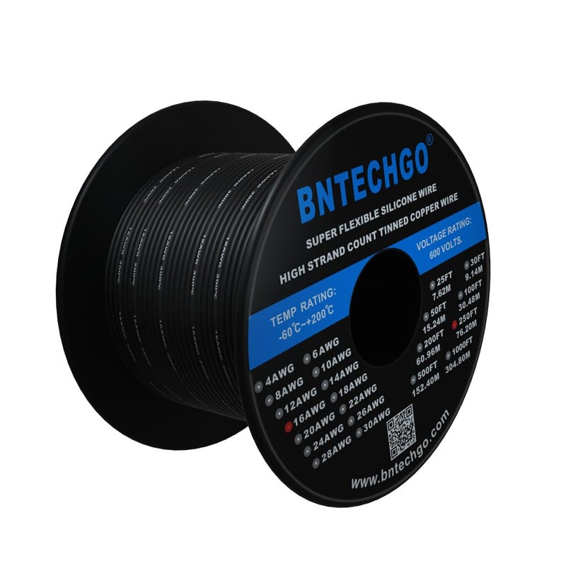 BNTECHGO 16 Gauge Silicone Wire Spool 250 ft Black Flexible 16 AWG Stranded Tinned Copper Wire - Image 2
